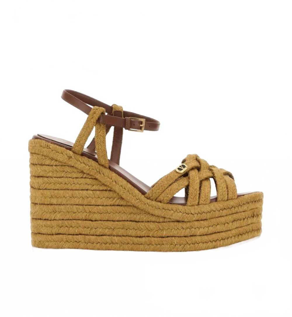 NEW VALENTINO GARAVANI women's woven wedge espadrilles sandals in bup senape/t